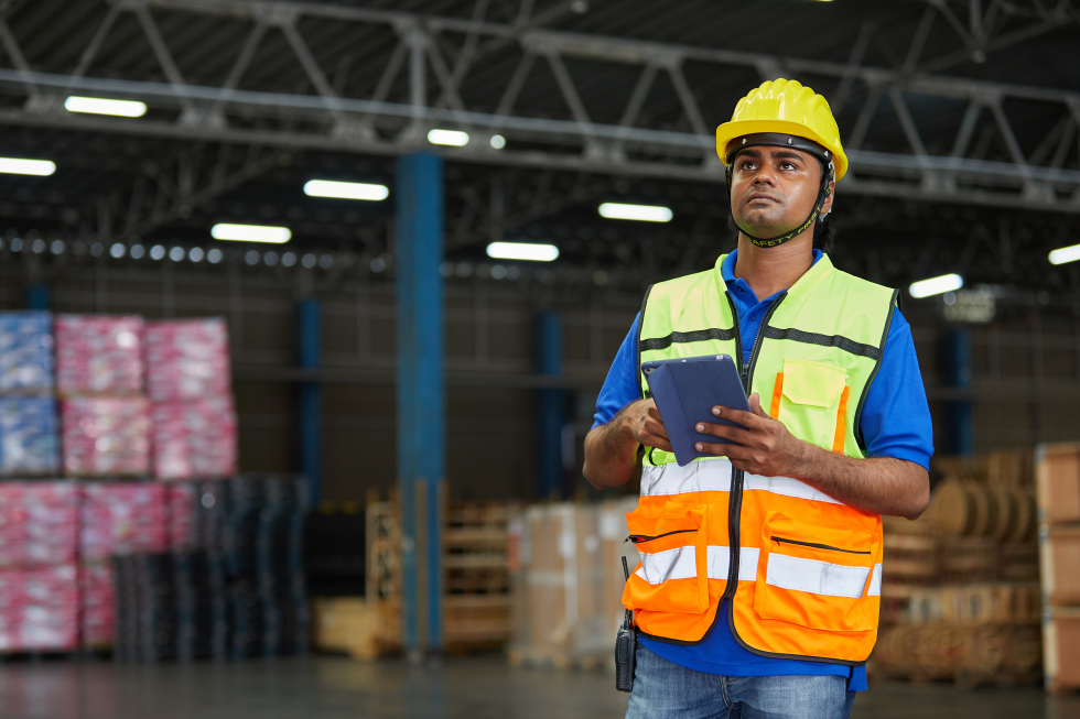 Indian warehouse worker, ready to export with Export Portal